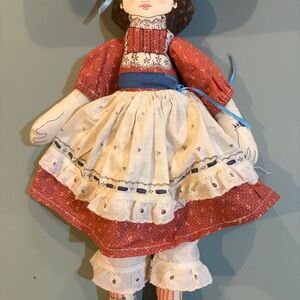 Handmade-Style Cloth Doll in Red brown Dress with Cream Apron